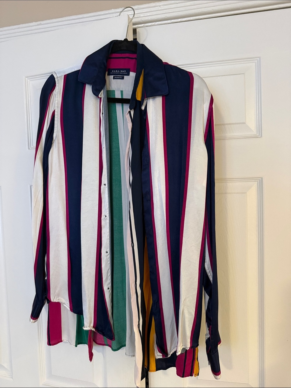 Zara Multicolor Vertical Stripe Button-Down Shirt - Navy, White, Pink & Green